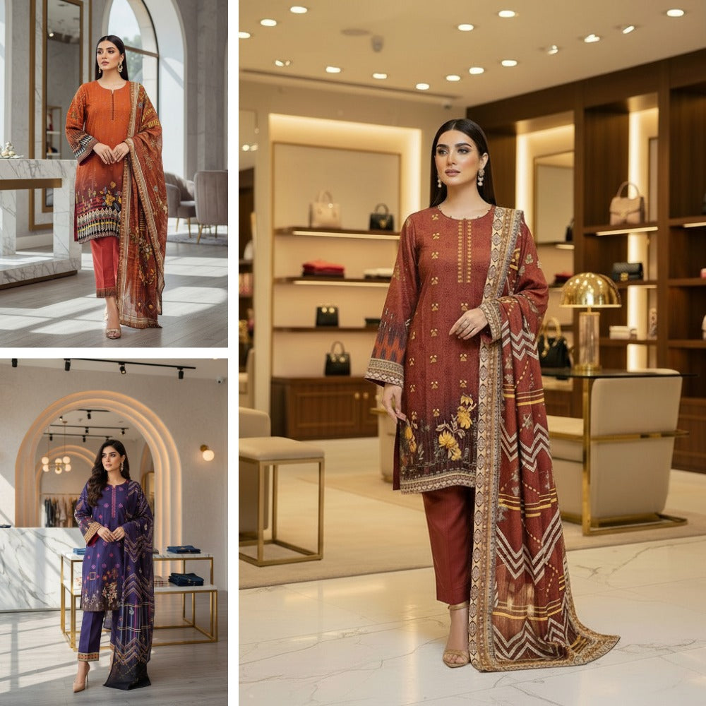 Embroidered Viscose Linen Shalwar Kameez – Red Maroon, Burnt Orange & Cadbury Purple