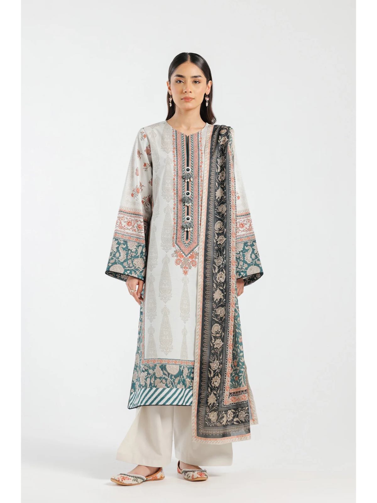 Ethnic EO424 white and teal blue colour 100% cotton shalwar kameez with printed dupatta in sizes [M to 8XL] womenswear traditional plus size - AdoreByKhwahish