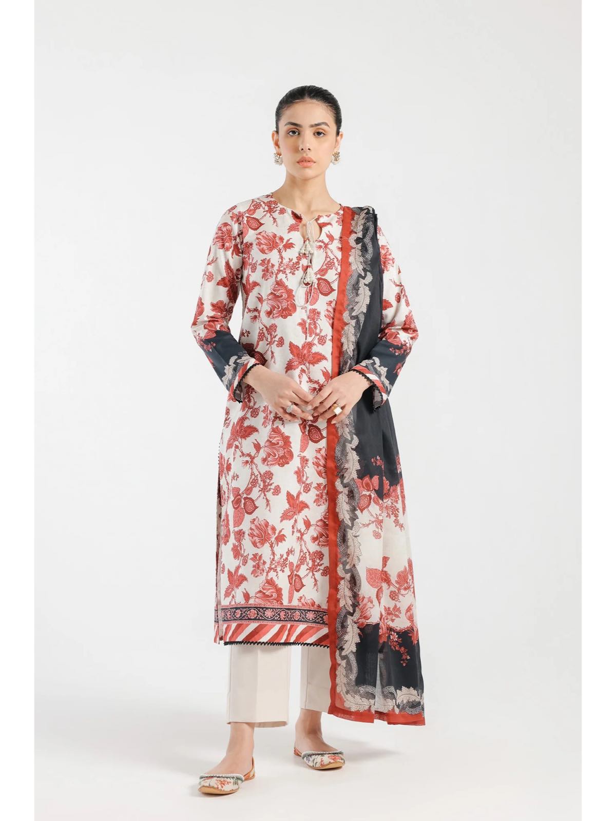 Ethnic EO426 white and tea pink 100% cotton shalwar kameez with printed dupatta in sizes [L to 8XL] womenswear traditional plus size - AdoreByKhwahish