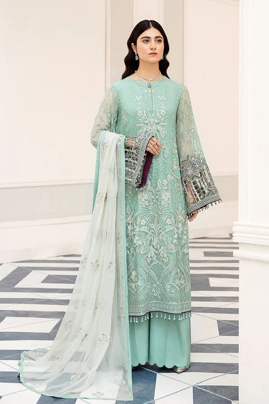 FL mint green and silver colour embroidered shalwar kameez in chiffon fabric with embroidery dupatta in sizes (M to 7XL) womenswear traditional plus size comfort clothing - AdoreByKhwahish