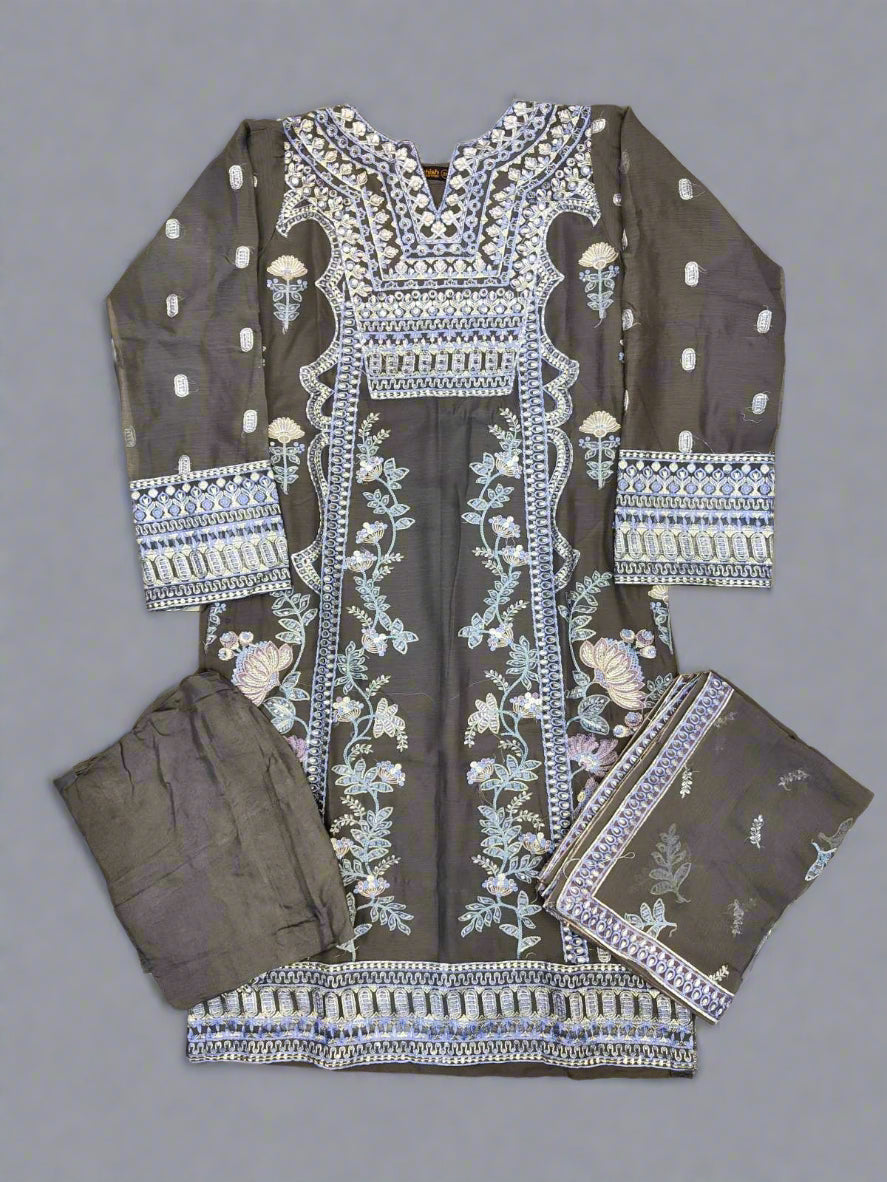 FL ultimate grey colour luxury embroidered chiffon fabric shalwar kameez with embroidered chiffon dupatta in sizes (M to 8XL) womenswear traditional clothing festive and party wear plus size - AdoreByKhwahish