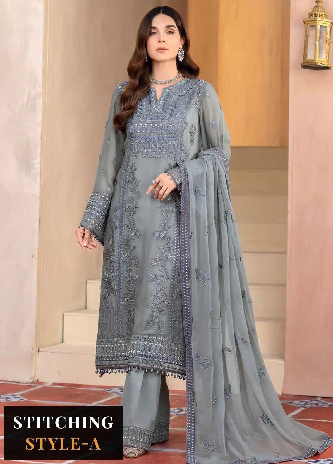 FL ultimate grey colour luxury embroidered chiffon fabric shalwar kameez with embroidered chiffon dupatta in sizes (M to 8XL) womenswear traditional clothing festive and party wear plus size - AdoreByKhwahish