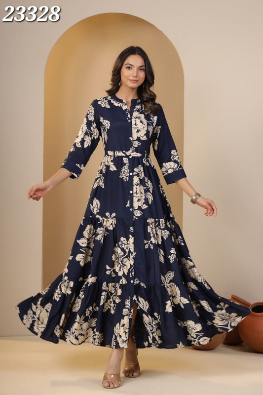 Floral Print Navy Blue and Off - white Colour New Long Dress in Casual Muslin Silk Maxi In Sizes (S to XL) - AdoreByKhwahish