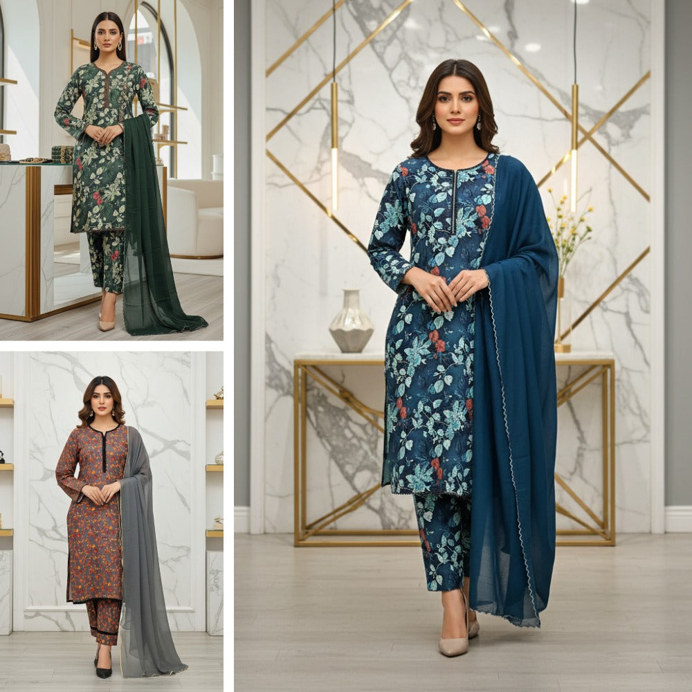 LM Printed Co-Ord Linen Shalwar Kameez – Deep Teal, Dark Forest Green & Dim Gray