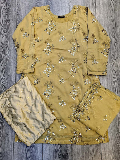 Gold colour pearl and zari embroidery chiffon fabric shalwar kameez (or sharara) suit in sizes (S to 7XL) womenswear traditional dress plus size - AdoreByKhwahish