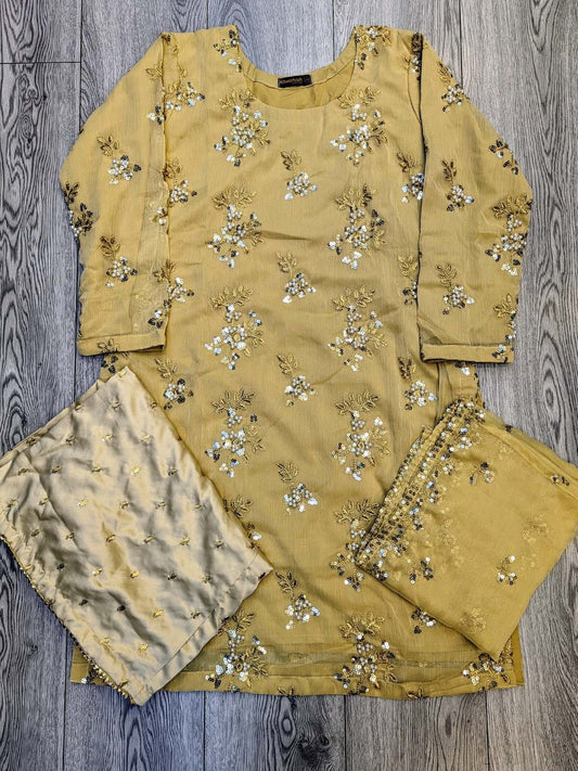 Gold colour pearl and zari embroidery chiffon fabric shalwar kameez (or sharara) suit in sizes (S to 7XL) womenswear traditional dress plus size - AdoreByKhwahish