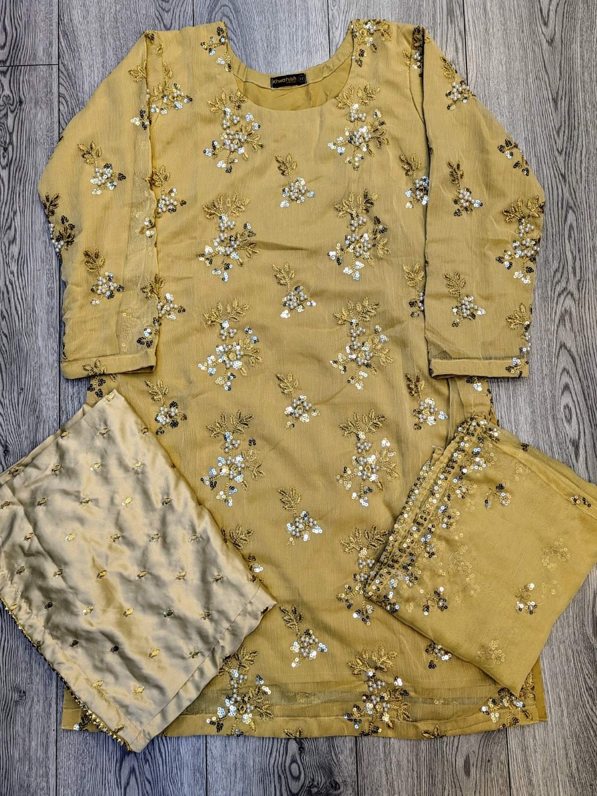 Gold colour pearl and zari embroidery chiffon fabric shalwar kameez (or sharara) suit in sizes (S to 7XL) womenswear traditional dress plus size - AdoreByKhwahish