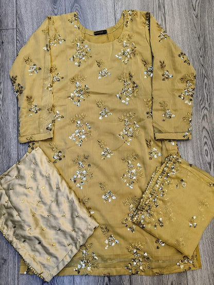 Gold colour pearl and zari embroidery chiffon fabric shalwar kameez (or sharara) suit in sizes (S to 7XL) womenswear traditional dress plus size - AdoreByKhwahish