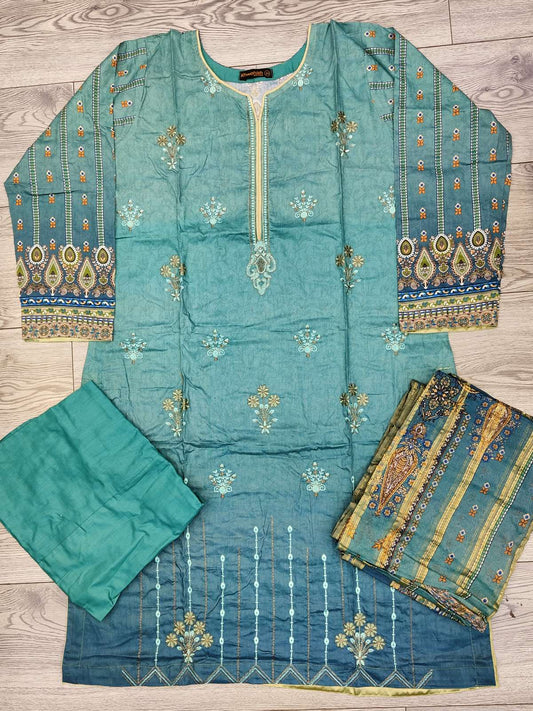 Green and blue colour ombre embroidered cotton fabric shalwar kameez with cotton dupatta in sizes (L to 7XL) womenswear traditional plus size comfort clothing - AdoreByKhwahish