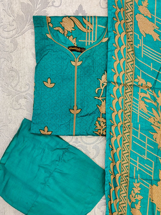 Green colour floral print excellent quality lilen fabric winter collection shalwar kameez in sizes (S to 7XL) - AdoreByKhwahish