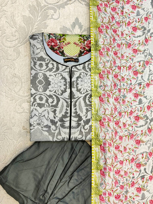 Grey and green colour floral print excellent quality linen fabric shalwar kameez in sizes (S to 7XL) womenswear traditional plus size - AdoreByKhwahish