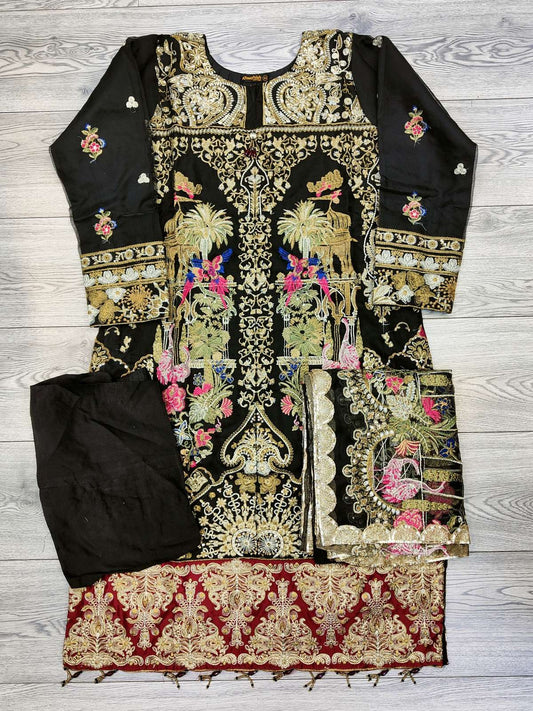GSL black with pink and gold zari colour embroidered organza fabric shalwar kameez with embroidery dupatta in sizes (S to 7XL) womenswear traditional plus size - AdoreByKhwahish