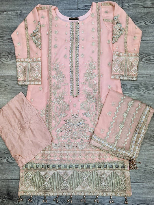 GUL Light Peach Colour Hand Embroidery Shalwar Kameez with Embroidered Dupatta in Chiffon Fabric in Sizes (S to 7XL) Womenswear Traditional Clothing Plus Size - AdoreByKhwahish