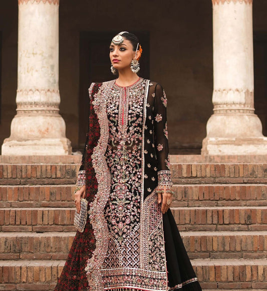 HuR Black And Pink Chiffon Embroidered Suit With Sharara In Sizes (S to 7XL) - AdoreByKhwahish