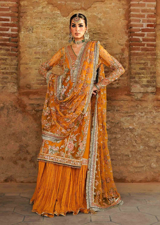 HUR dark mustard colour hand embellished net fabric Gharara outfit with embroidered organza dupatta in sizes (M to 2XL) womenswear traditional clothing festive and party wear plus size - AdoreByKhwahish