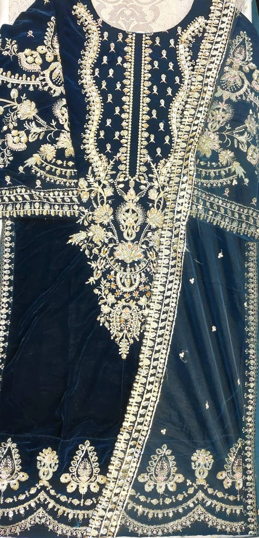 IMZ Emerald Colour Velvet with Gold Hand Embroidery Kurti (Top) Only in Sizes (S to 7XL) - AdoreByKhwahish