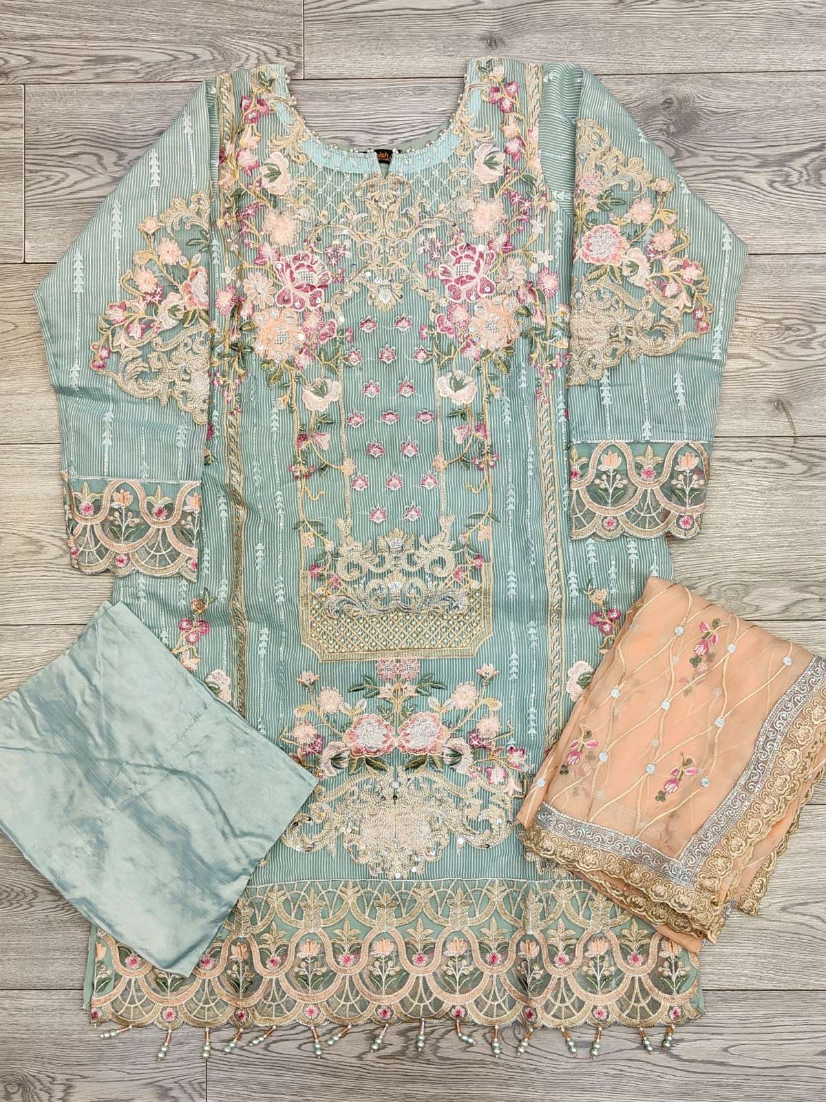 IZK Aqua Blue with Peach Colour Embellished Shalwar Kameez Organza Fabric Embroidery Dupatta in Sizes (S to 7XL) Womenswear Traditional Plus size - AdoreByKhwahish