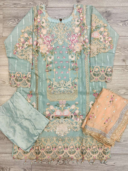 IZK Aqua Blue with Peach Colour Embellished Shalwar Kameez Organza Fabric Embroidery Dupatta in Sizes (S to 7XL) Womenswear Traditional Plus size - AdoreByKhwahish