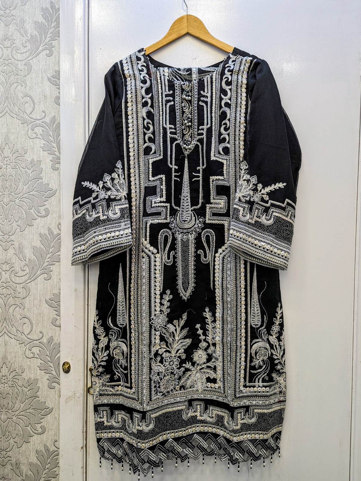 IZK black with white thread embroidery shalwar kameez on khaadi net fabric with embroidery dupatta in sizes L womenswear tradtional dress - AdoreByKhwahish