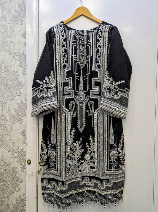 IZK black with white thread embroidery shalwar kameez on khaadi net fabric with embroidery dupatta in sizes L womenswear tradtional dress - AdoreByKhwahish