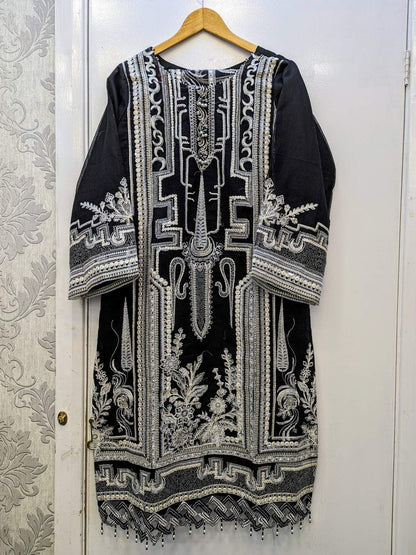 IZK black with white thread embroidery shalwar kameez on khaadi net fabric with embroidery dupatta in sizes L womenswear tradtional dress - AdoreByKhwahish