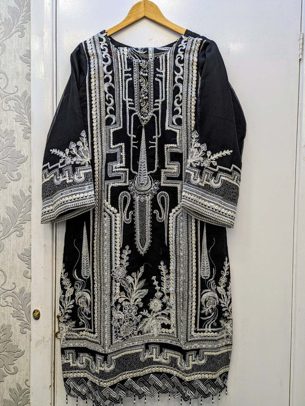 IZK black with white thread embroidery shalwar kameez on khaadi net fabric with embroidery dupatta in sizes L womenswear tradtional dress - AdoreByKhwahish