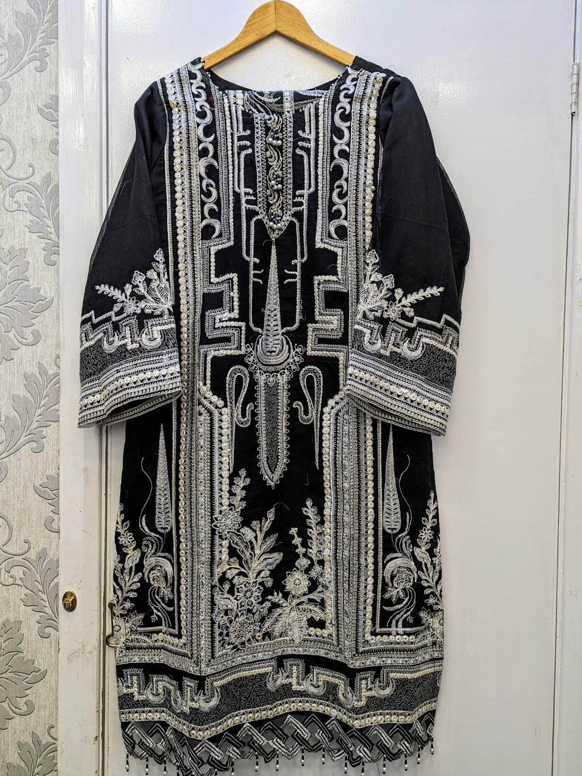 IZK black with white thread embroidery shalwar kameez on khaadi net fabric with embroidery dupatta in sizes L womenswear tradtional dress - AdoreByKhwahish