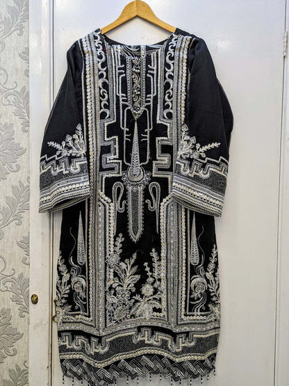 IZK black with white thread embroidery shalwar kameez on khaadi net fabric with embroidery dupatta in sizes L womenswear tradtional dress - AdoreByKhwahish