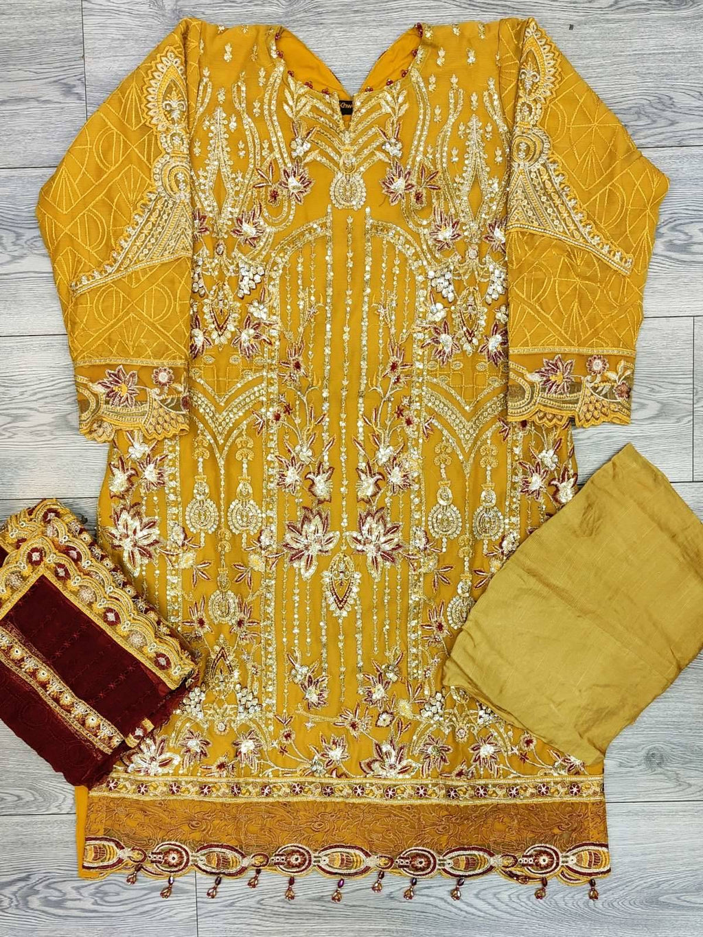 IZK mustard and burgundy colour all over embroidery in chiffon fabric embroidered dupatta in sizes (L to 3XL) womenswear traditional plus size comfort fashion clothing - AdoreByKhwahish