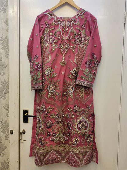 IZK PInk with gold colour hand embellishment net fabric shalwar kameez and embroidered dupatta in sizes (M to 2XL) womenswear traditional dress - AdoreByKhwahish