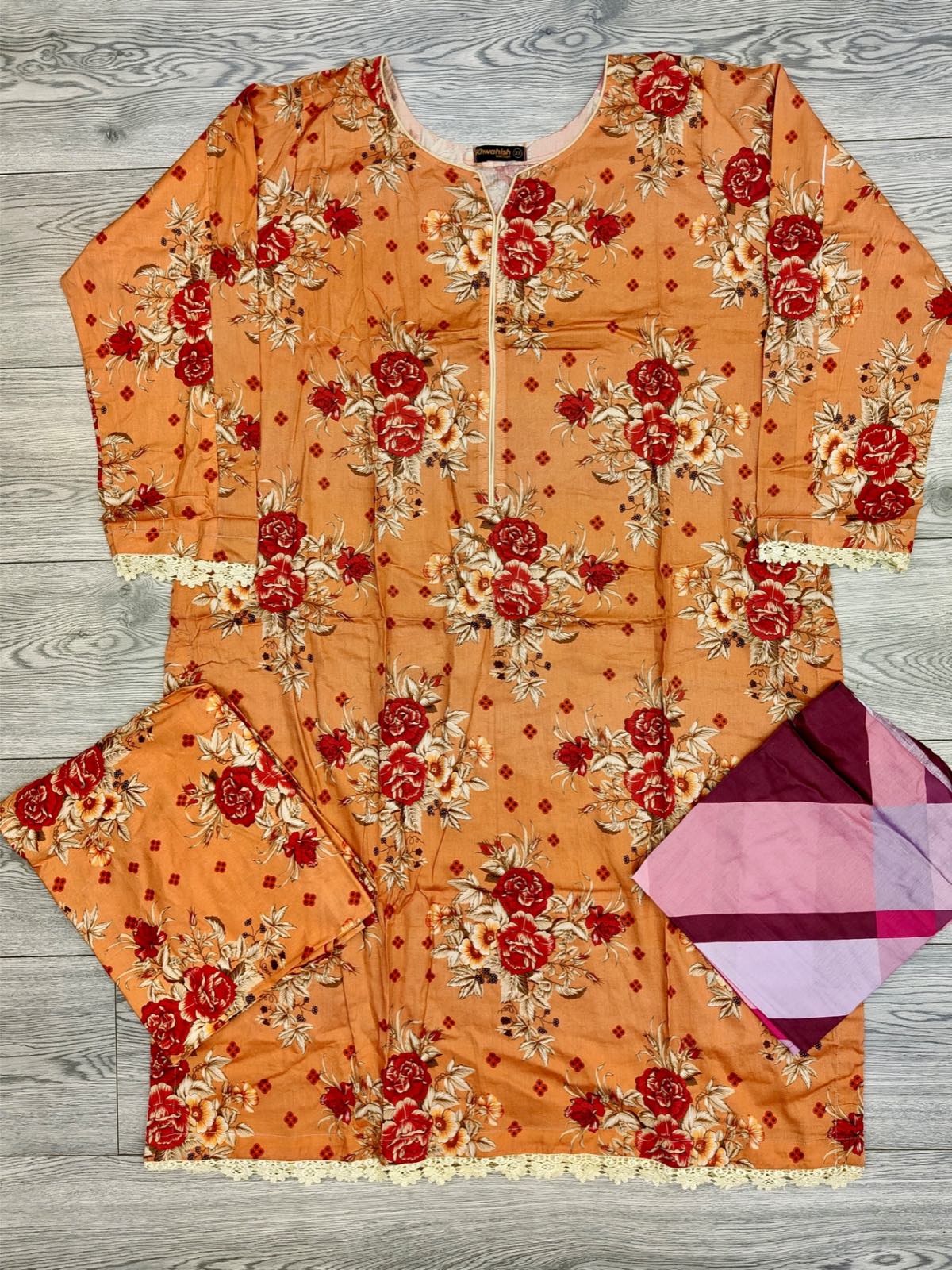 Iznik peach colour digital printed luxury lawn cotton fabric in floral print with printed dupatta in sizes [M to 8XL] womenswear traditional plus size comfort clothing - AdoreByKhwahish