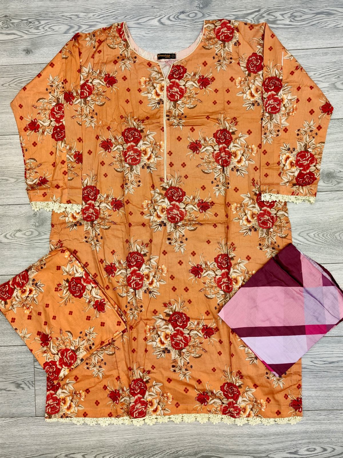 Iznik peach colour digital printed luxury lawn cotton fabric in floral print with printed dupatta in sizes [M to 8XL] womenswear traditional plus size comfort clothing - AdoreByKhwahish