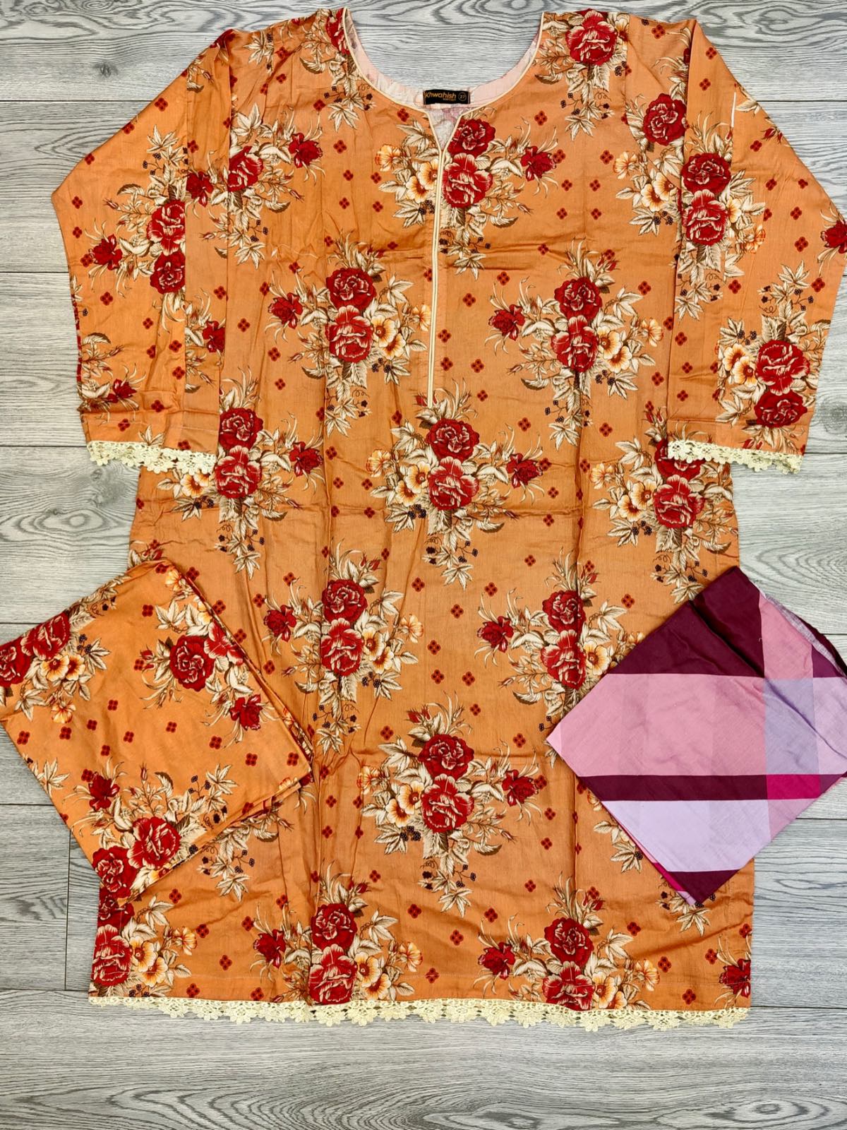 Iznik peach colour digital printed luxury lawn cotton fabric in floral print with printed dupatta in sizes [M to 8XL] womenswear traditional plus size comfort clothing - AdoreByKhwahish