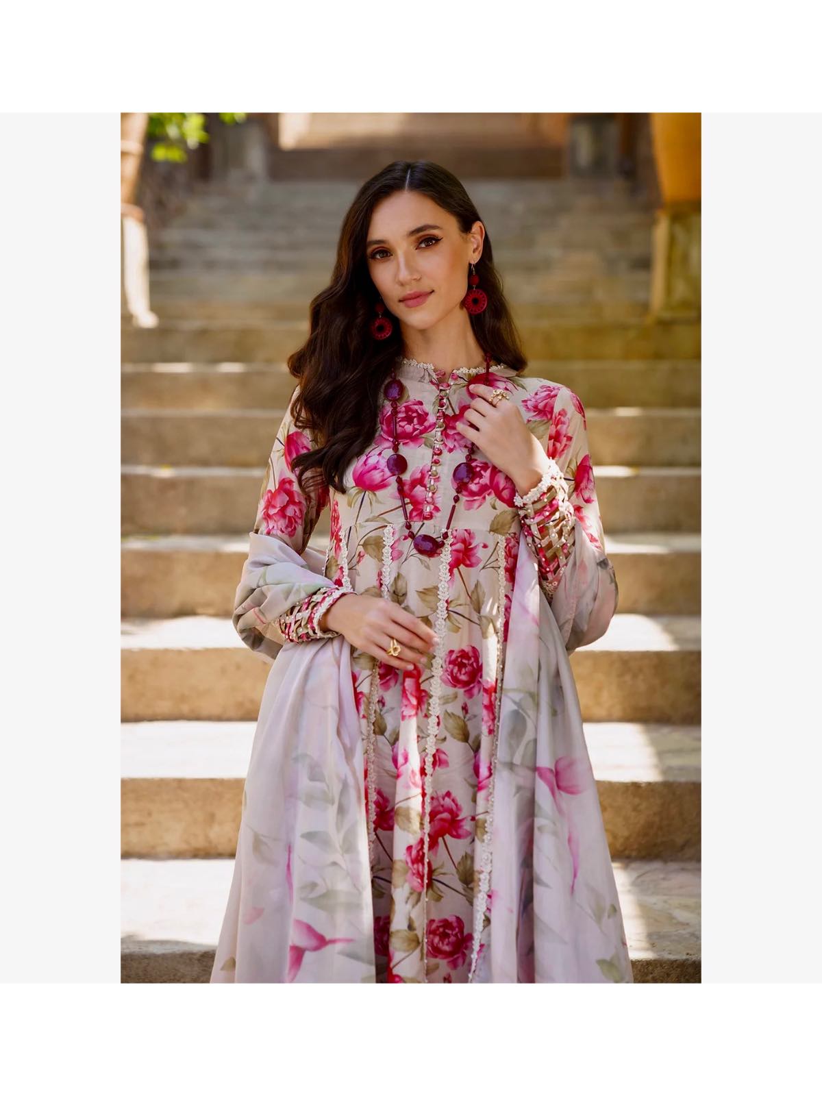 Iznik White and Pink colour digital printed luxury lawn cotton fabric in floral print with printed dupatta in sizes [M to 8XL] womenswear traditional plus size comfort clothing - AdoreByKhwahish