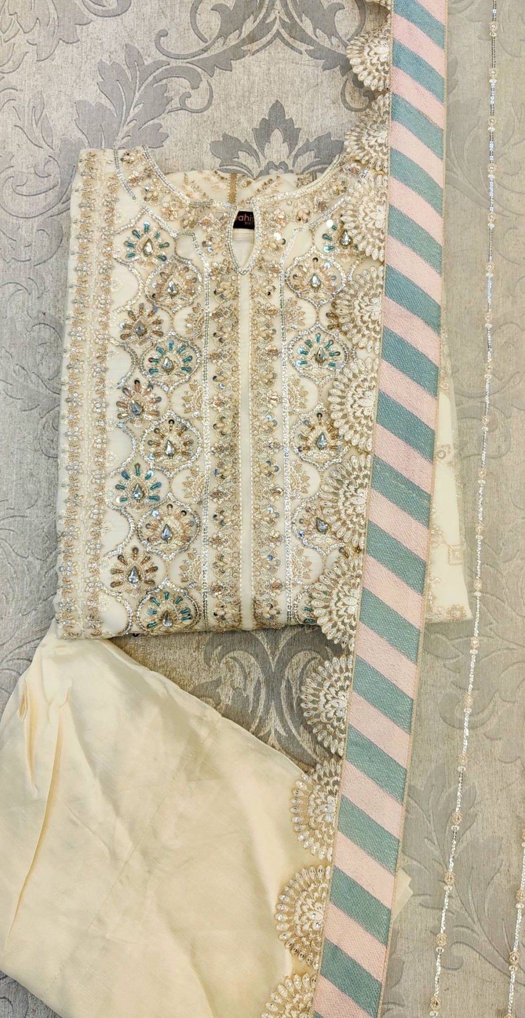 Jasmine off - white hand embroidery shalwar kameez in organza fabric with embroidered dupatta and palazzo (sizes: S to 5XL) womenswear traditional plus size - AdoreByKhwahish