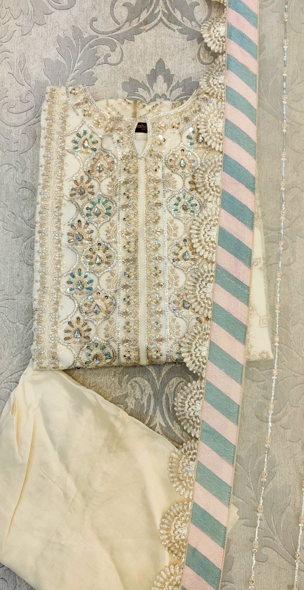 Jasmine off - white hand embroidery shalwar kameez in organza fabric with embroidered dupatta and palazzo (sizes: S to 5XL) womenswear traditional plus size - AdoreByKhwahish