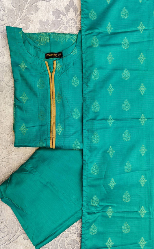 KD Jacquard sea green and gold colour embroidery shalwar kameez in pure cotton fabric sizes (S to 6XL) - AdoreByKhwahish