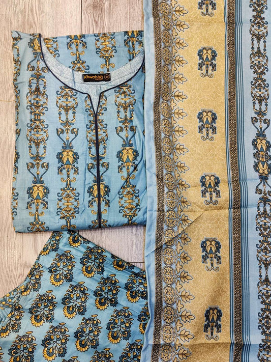 Light Blue and mustard colour floral print excellent quality lilen fabric winter collection shalwar kameez in sizes (S to 7XL) womenswear traditional plus size - AdoreByKhwahish