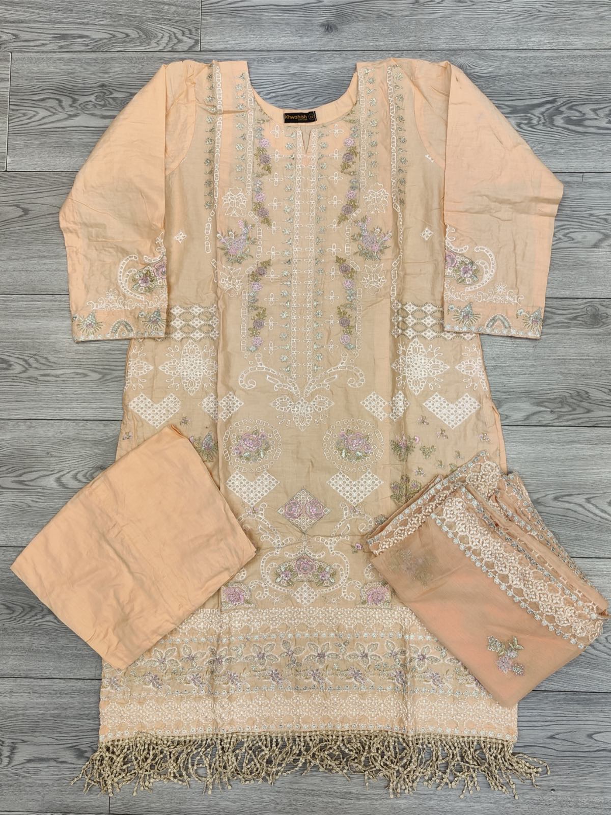 Light peach colour cotton embroidered shalwar kameez with chiffon embroidered dupatta in sizes [L to 8XL] women wear traditional plus size - AdoreByKhwahish