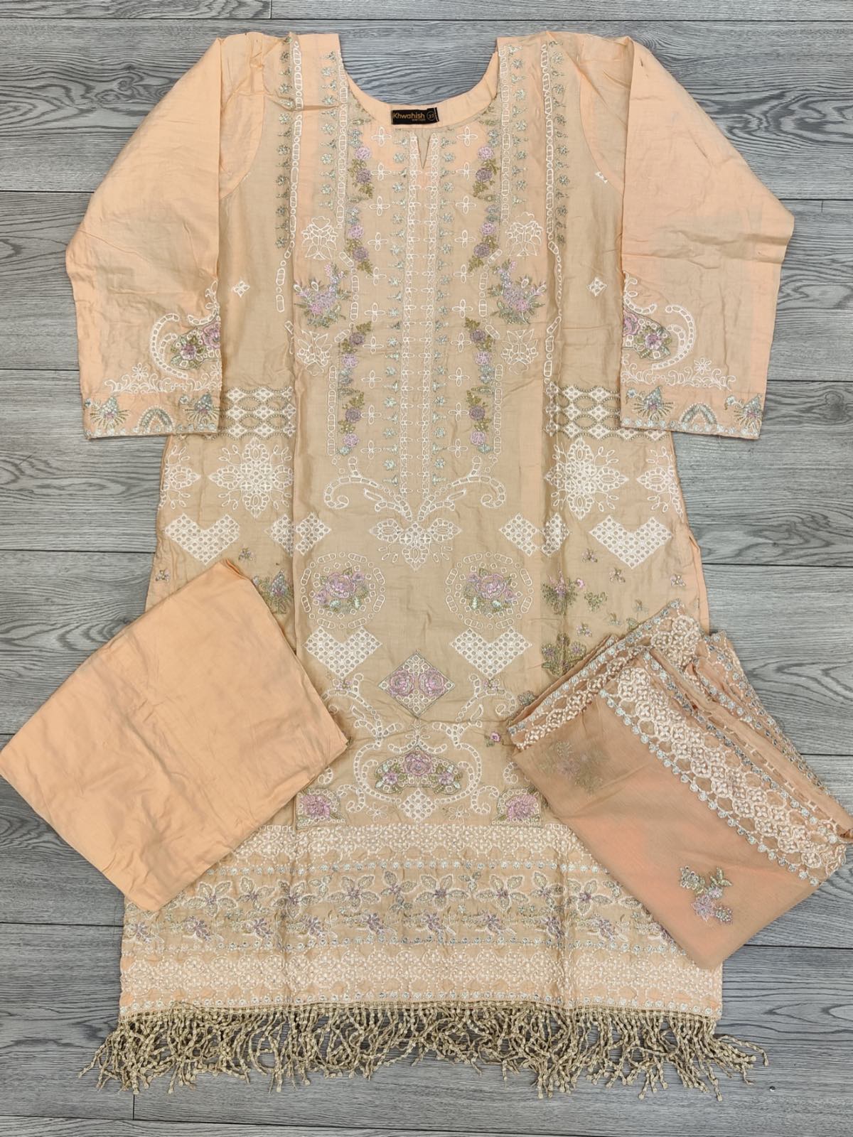 Light peach colour cotton embroidered shalwar kameez with chiffon embroidered dupatta in sizes [L to 8XL] women wear traditional plus size - AdoreByKhwahish