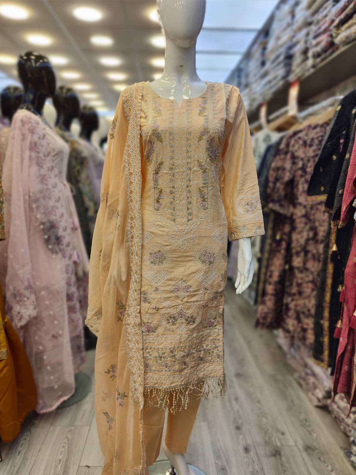 Light peach colour cotton embroidered shalwar kameez with chiffon embroidered dupatta in sizes [L to 8XL] women wear traditional plus size - AdoreByKhwahish