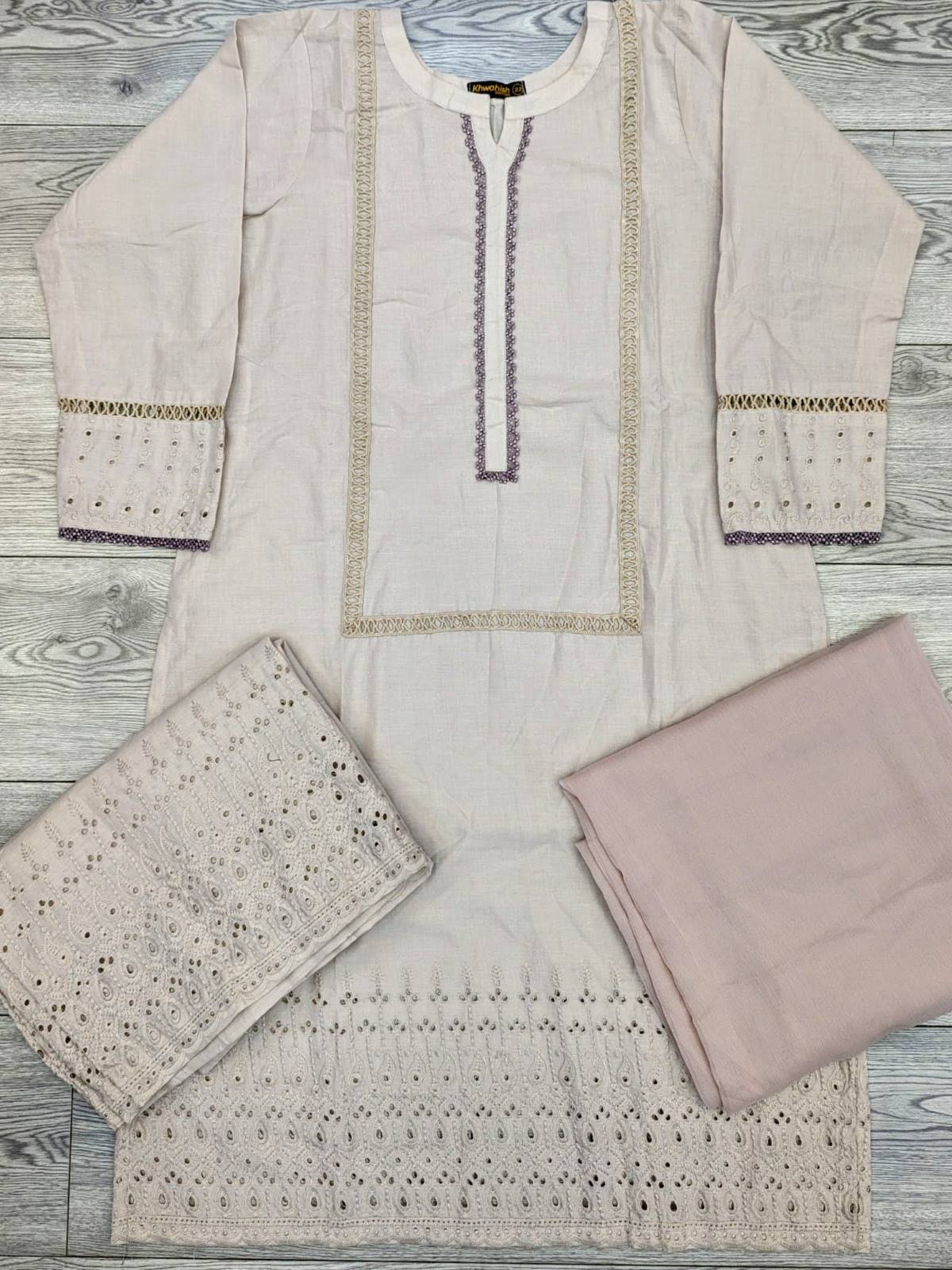 Lilac pink colour chiken cotton embroidered shalwar kameez with embroidered plazzo trousers in cotton fabric size (S to 8XL) womenswear plus size cotton dress comfort clothing - AdoreByKhwahish