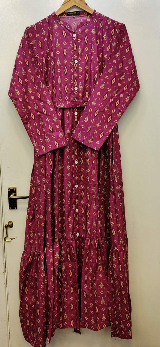 Magenta rose colour cotton fabric geometrical print long dress maxi abaya style in sizes length 54 (S to 5XL) womenswear Muslim abaya style traditional plus size dress - AdoreByKhwahish