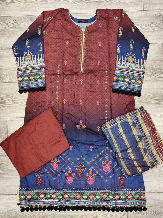 Maroon and Navy Blue colour embroidered cotton fabric shalwar kameez with cotton dupatta in sizes (L to 7XL) womenswear traditional plus size comfort clothing - AdoreByKhwahish