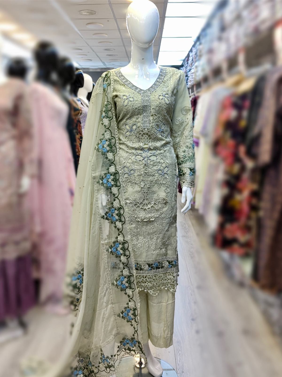 MB Johartaal light olive green colour hand embellished shalwar kameez with cutwork embroidery and embroidered chiffon dupatta in sizes [M to 8XL] womenswear traditional plus size clothing - AdoreByKhwahish