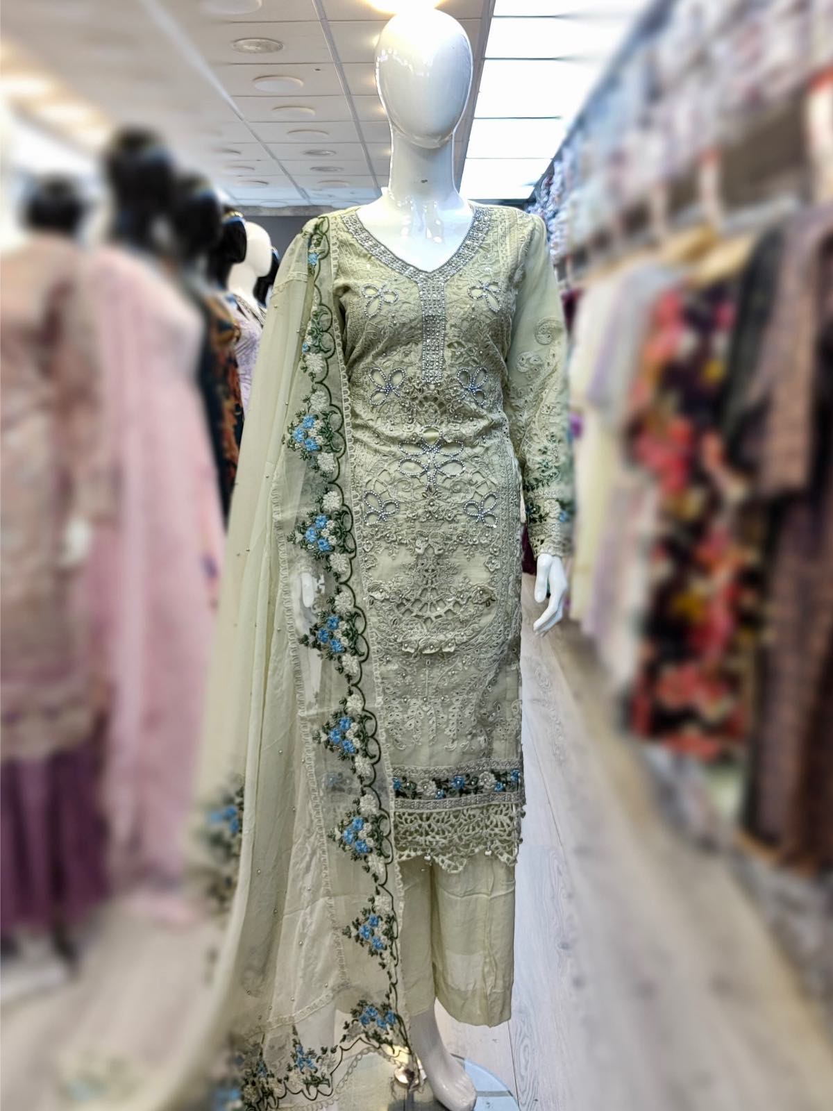 MB Johartaal light olive green colour hand embellished shalwar kameez with cutwork embroidery and embroidered chiffon dupatta in sizes [M to 8XL] womenswear traditional plus size clothing - AdoreByKhwahish