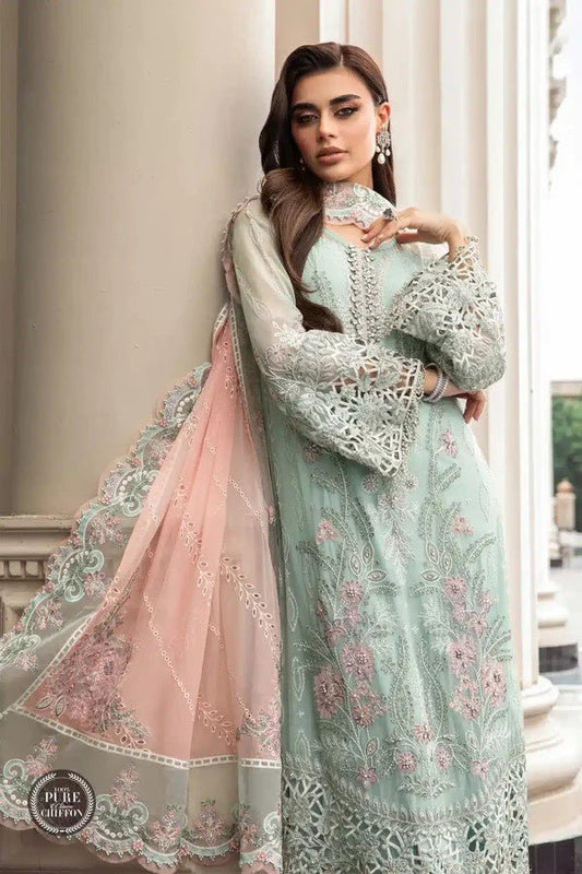 MB Mint Green with Ombre Peach Pink Colour Embellished Dupatta Embroidery Shalwar Kameez Chiffon Fabric in Sizes (S to 7XL) Womenswear Traditional Plus size - AdoreByKhwahish