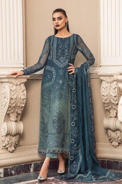 MB ombre teal blue and grey colour hand embellished chiffon fabric shalwar kameez with embroidery dupatta in sizes (S to 7XL) womenswear traditional plus size - AdoreByKhwahish