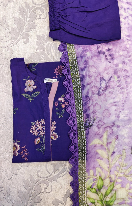 MB Purple Colour With Floral Dupatta Embroidered Shalwar Kameez in Cotton Material Sizes (S to 6XL) - AdoreByKhwahish