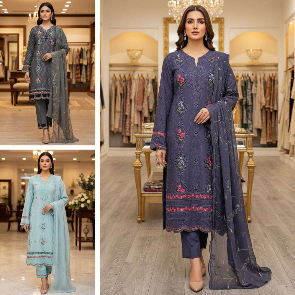 MB Zaraan | Luxury Pakistani Linen Embroidered Shalwar Kameez | Charcoal Grey, Smoky Indigo & Pastel Aqua Green | Schiffli Embroidery & Laser-Cut Craftsmanship | Elegant Occasion Wear